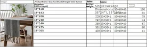 Size chart for gray jacquard table runner with tassels, showing dimensions and weight details