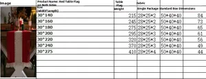 Size chart for red and white striped table runner showing various lengths and weights