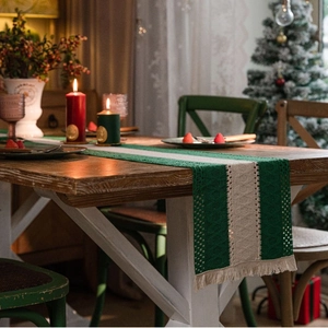 Boho American Style Cotton Linen Table Runner With Tassels Striped Hollow Woven Design For Kitchen Dining Table Holiday Decor