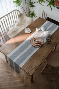 Macro detail of Nordic gray jacquard table runner with white crochet texture and tassels
