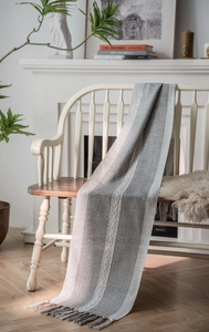 Macro shot showing geometric jacquard textures and fringe details on the table runner