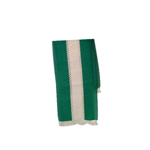 Striped cotton linen table runner with tassel fringe in dark green and beige colors
