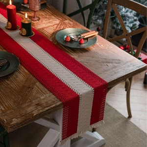 Woven Cotton Linen Jute Table Runner With Tassels Striped Geometric Design For Dining Room Home Wedding Christmas Decor