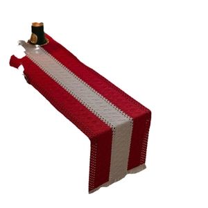 Striped cotton linen table runner with red knit hollow design and tassel accents