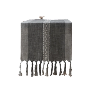Nordic grey jacquard table runner with cotton tassels and geometric cross patterns