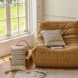 Boho geometric embroidered throw pillow cover with tassels and ethnic jacquard patterns