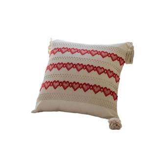Beige American jacquard pillowcase with red embroidered hearts and corner tassels