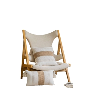 Bohemian style cream sofa cushion and lumbar pillow set with brown fringe and tassels