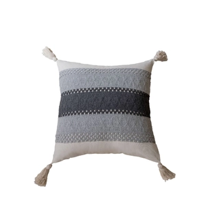 Bohemian woven square throw pillow cover with grey geometric stripes and corner tassels