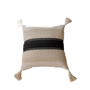 American jacquard square pillowcase with geometric crochet patterns and corner tassels
