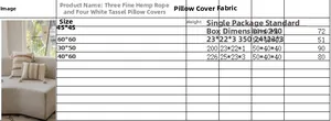 Size chart for jacquard pillow covers showing dimensions and weights of various models
