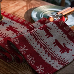 Christmas reindeer jacquard table runner with red and grey snowflake patterns for dining decor