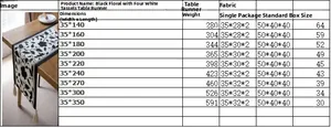 Size chart for jacquard floral table runner showing dimensions from 35x140cm to 35x350cm
