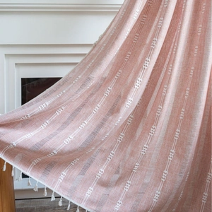 Rideau de Cantonnière Américain Vintage en Polyester Rayé Brodé Ajouré Semi-Ombrage Avec Glands