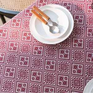 Red and white geometric jacquard rectangular tablecloth with thick woven cotton texture