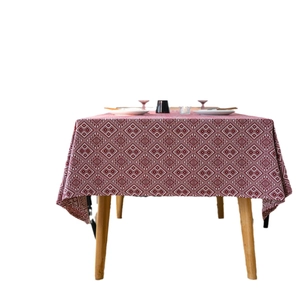 Red rectangular tablecloth with geometric diamond jacquard and heavy cotton linen texture