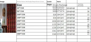 Size chart for red jacquard tassel curtains with detailed dimensions and weights
