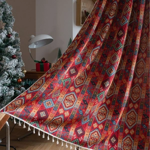 Festive bohemian red geometric curtains with tassels and elegant holiday home decor