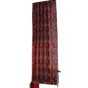Red Bohemian jacquard window curtains with geometric diamond patterns and fringe trim