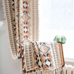 Bohemian geometric jacquard curtain with tassels in American country style floral pattern
