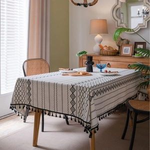 Nappe Bohème en Coton et Lin Rectangulaire Imprimé Géométrique Antipoussière avec Gland pour Décoration de Salle à Manger