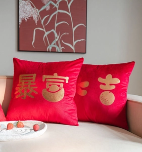 Detail of red velvet pillow covers with gold embossed Chinese characters for good fortune