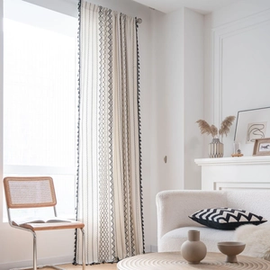 Bohemian black and white geometric print linen curtain with black pompom fringe tassels