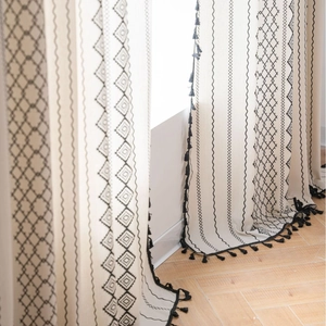 Bohemian black and white geometric print cotton linen curtain with black tassel fringe