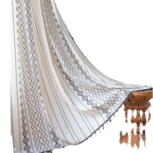 Bohemian black and white printed cotton linen window curtain with fringe tassel trim