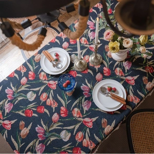 Florale Tulpen-Jacquard-Tischdecke in Dunkelblau, Bohemian-Stil für den Esstisch