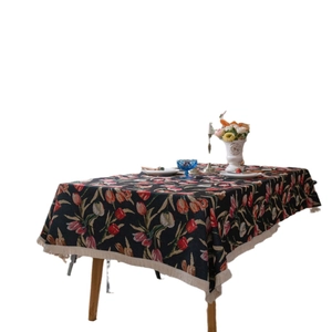 Dunkelblaue Tulpen-Jacquard-Tischdecke mit böhmischen Quasten für rechteckige Tische