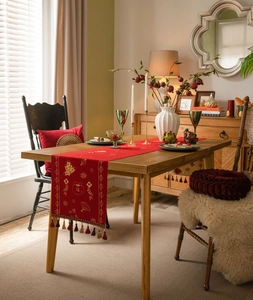 Detail of red and gold Chinese New Year table runner with festive jacquard patterns
