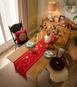Detail of red Chinese New Year table runner with gold Fu character and festive patterns