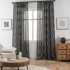 Modern Minimalist Black Cotton Printed Curtain With White Wave Floral Pattern Elegant Black Tassel Drapery For Living Room Bedroom