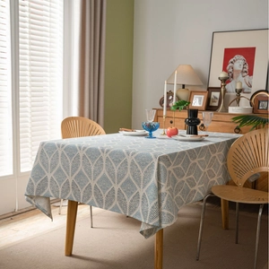 Linen blend tablecloth with blue geometric leaf pattern for modern home dining decor