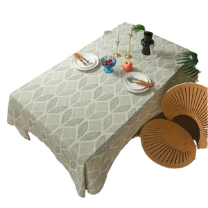 Rectangular cotton linen tablecloth with green geometric leaf pattern for dining tables