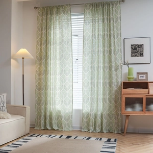 Rideau de Fenêtre Moderne Minimaliste à Motif de Feuilles Géométriques en Coton Lin Semi-occultant pour Salon Chambre Décoration