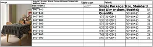 Size chart for black cotton-linen tablecloth with white floral patterns in various dimensions