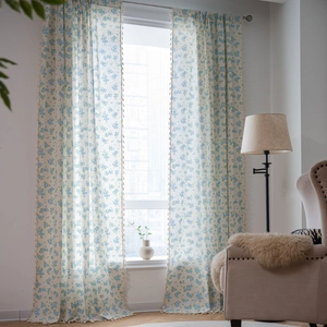 Rideau de Porte Moderne Minimaliste en Coton Imprimé Floral Bleu avec Bordure à Franges Rideau de Séparation Translucide