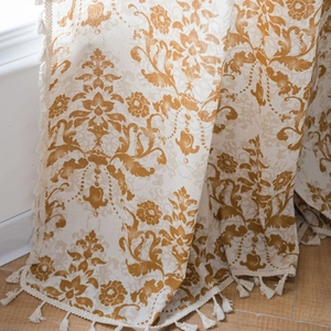 European khaki damask print curtain with elegant white tassels for home window decor