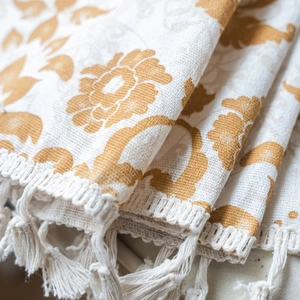 Floral khaki cotton linen curtain with bohemian tassels and botanical print patterns