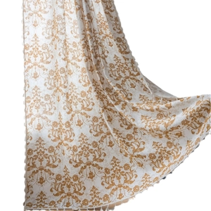 European khaki floral curtain with champagne gold patterns and elegant tassel fringe