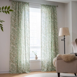 Pastoral Green Willow Leaf Printed Cotton Curtain Semi Blackout Nature Botanical Window Treatment For Living Room Kitchen Home Decor