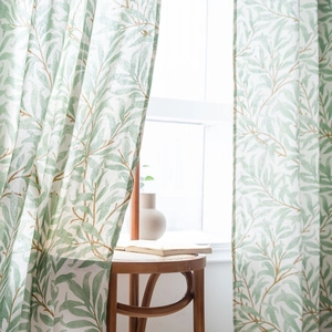Translucent linen curtain featuring green leaf prints for a fresh pastoral style
