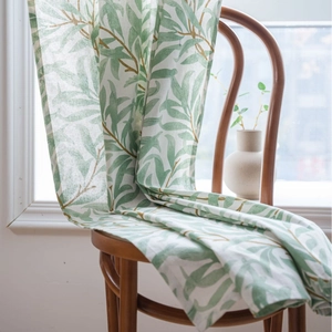 Green willow leaf printed semi-blackout curtain for windows with floral patterns