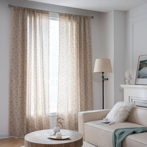 Modern Pastoral Floral Print Cotton Curtains With Tassels Beige Semi Shading Window Drapes For Living Room Kitchen Home Decor