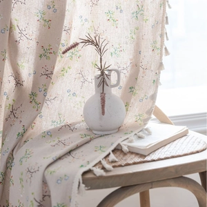 Floral print curtains with tassels in beige linen style for window decor