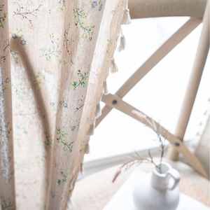 Floral print linen curtain with decorative white tassels for kitchen and windows