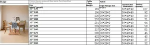Detailed size chart showing dimensions and weights for blue jacquard leaf table runners