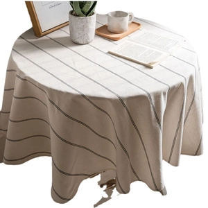Minimalist round cotton linen tablecloth with black stripes for home dining decor